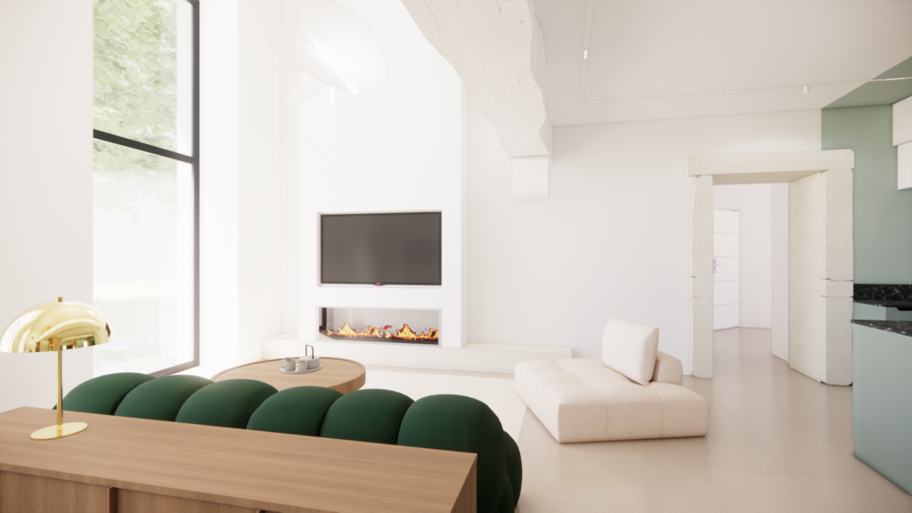 Architecture intérieure, salon avec cheminée