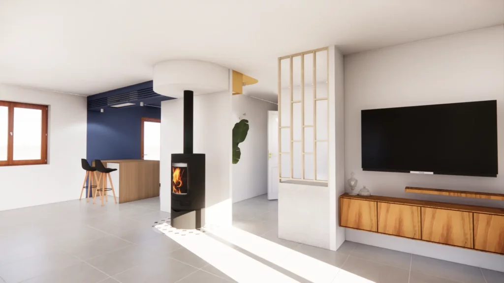 Aménagement cuisine ouverte intégration split PAC disgracieux