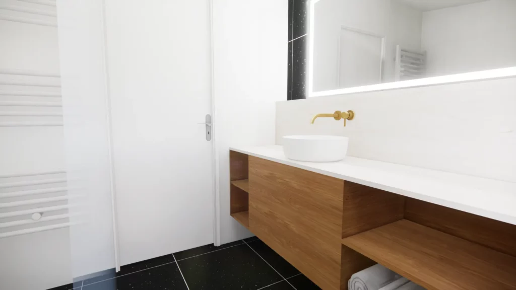 création meuble vasque sur mesure en résine et bois avec niche