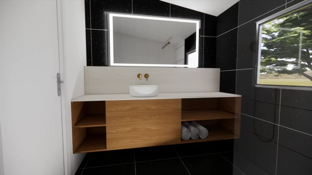 création meuble vasque sur mesure en résine et bois avec niche